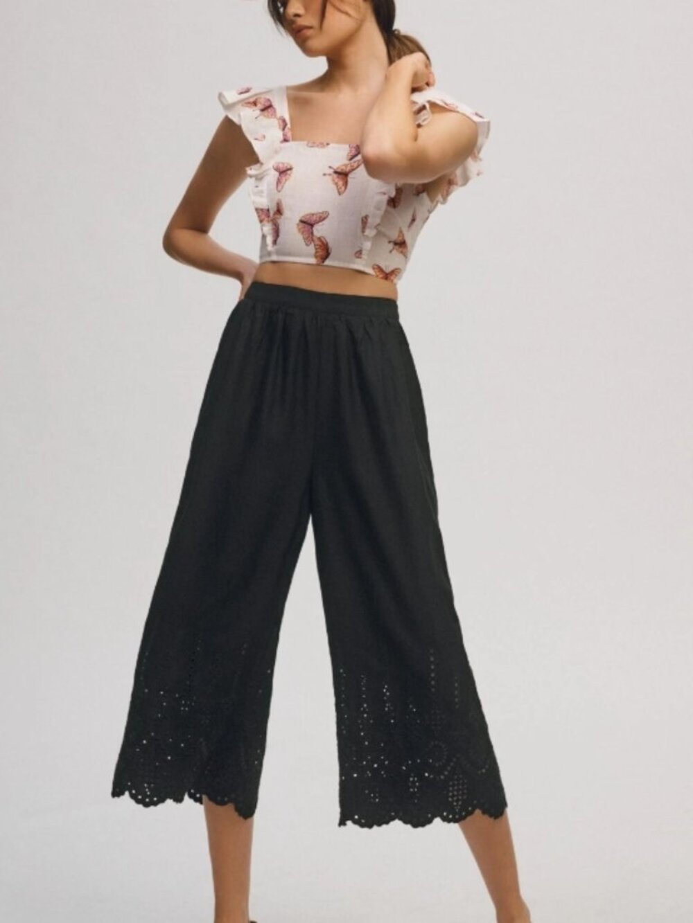 By Anthropologie Wide-Leg Eyelet Crop Pants Black Embroidered Pocket New M
